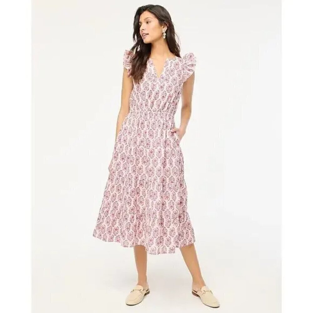 J. Crew Ruffle Sleeve Cotton Midi Dress Pink Floral Size 0 NWT